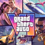 Grand Theft Auto VI official cover art featuring Jason, Lucia, Vice City-inspired scenery, cars, boats, a helicopter, and action scenes.