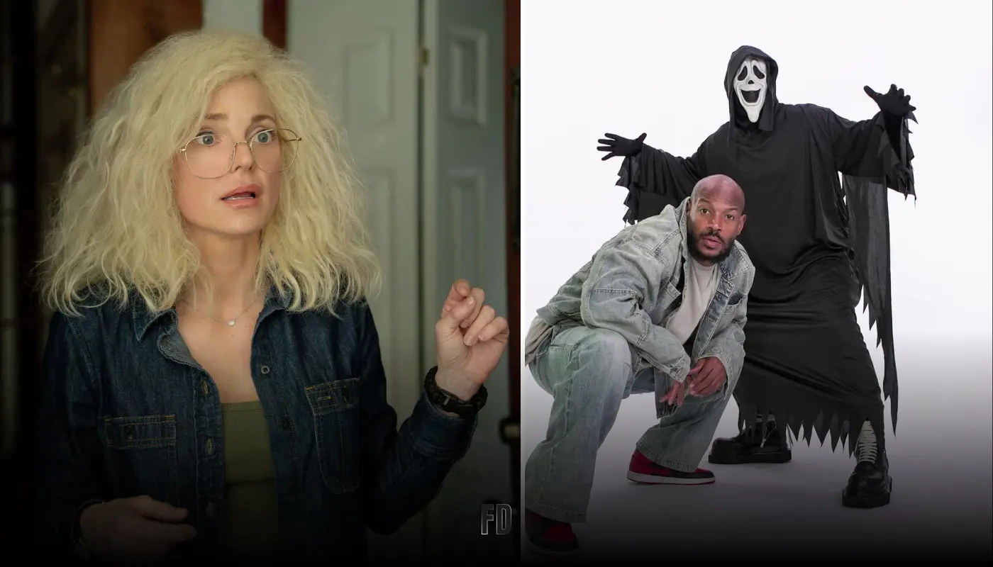 Ghostface killer in black robe and mask holding a knife, Scary Movie 2026 poster with Core Four in background