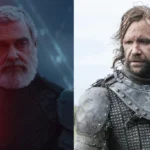Side-by-side comparison showing the late Ray Stevenson as Baylan Skoll holding an orange lightsaber in Ahsoka Season 1 on the left, and actor Rory McCann in medieval armor from Game of Thrones on the right