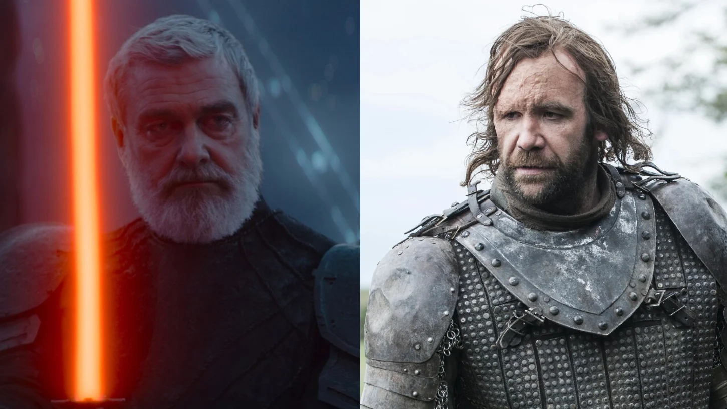 Side-by-side comparison showing the late Ray Stevenson as Baylan Skoll holding an orange lightsaber in Ahsoka Season 1 on the left, and actor Rory McCann in medieval armor from Game of Thrones on the right