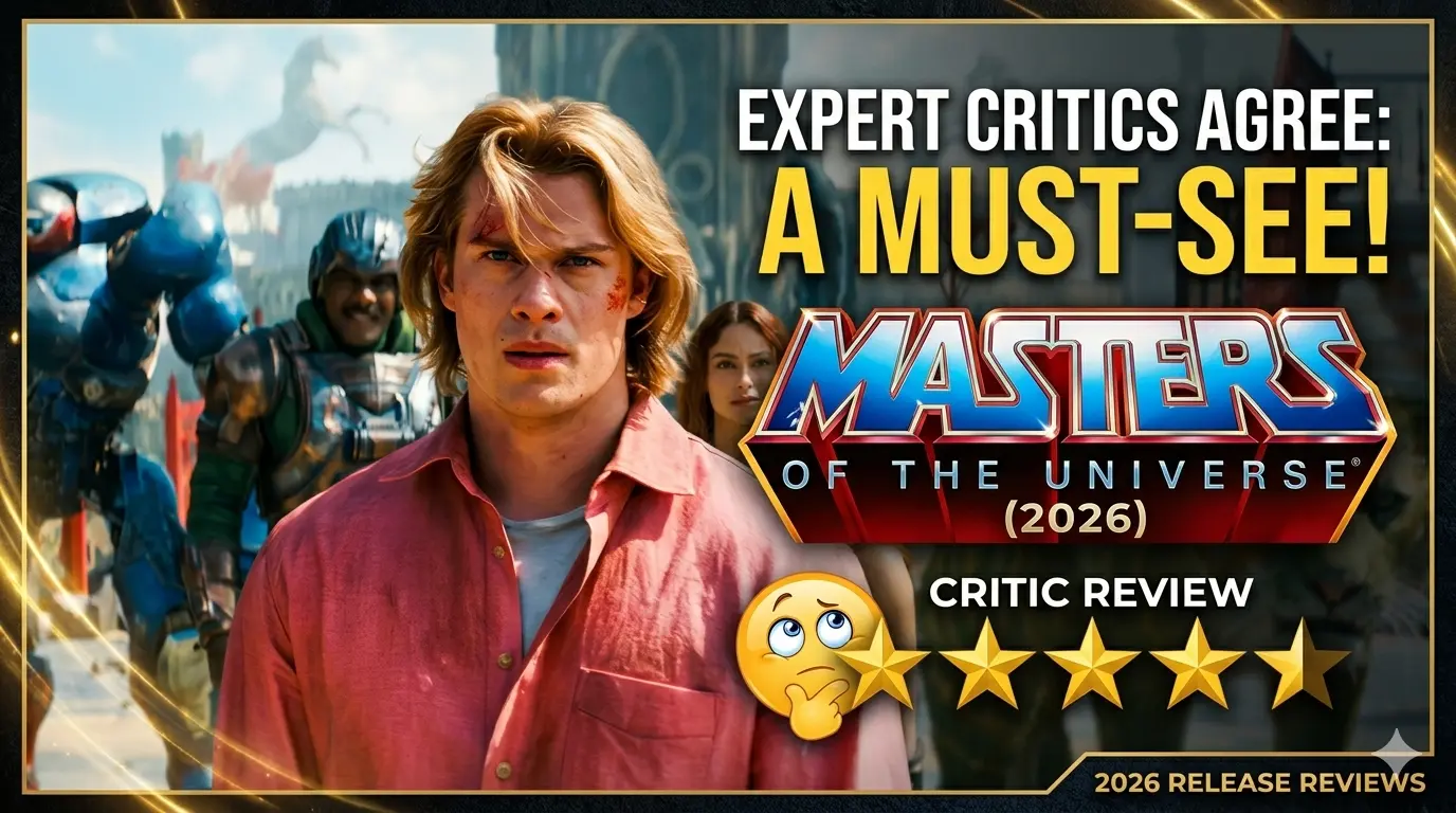 A movie review blog thumbnail featuring characters from the 2026 Masters of the Universe film, highlighted by a bold title logo and an "Expert Critics Agree: A Must-See!" review badge with a 5-star rating graphic.